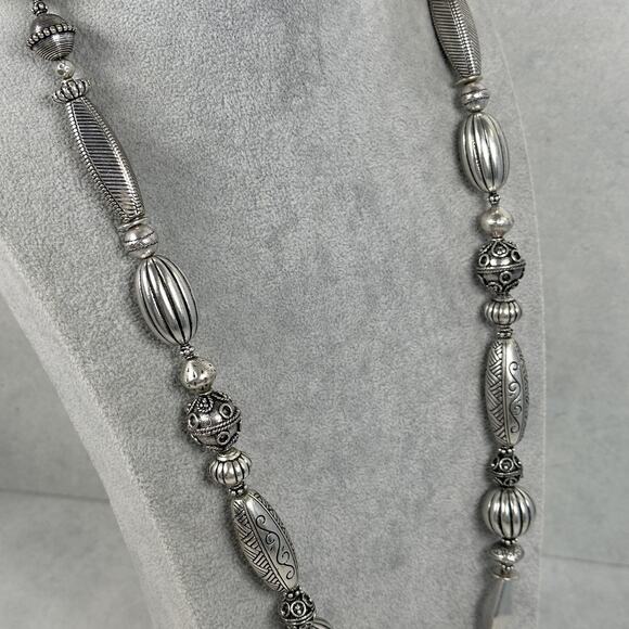 Chico's Silver Tone Beaded Statement Necklace Womens Adjustable Boho Textured - Picture 3 of 8